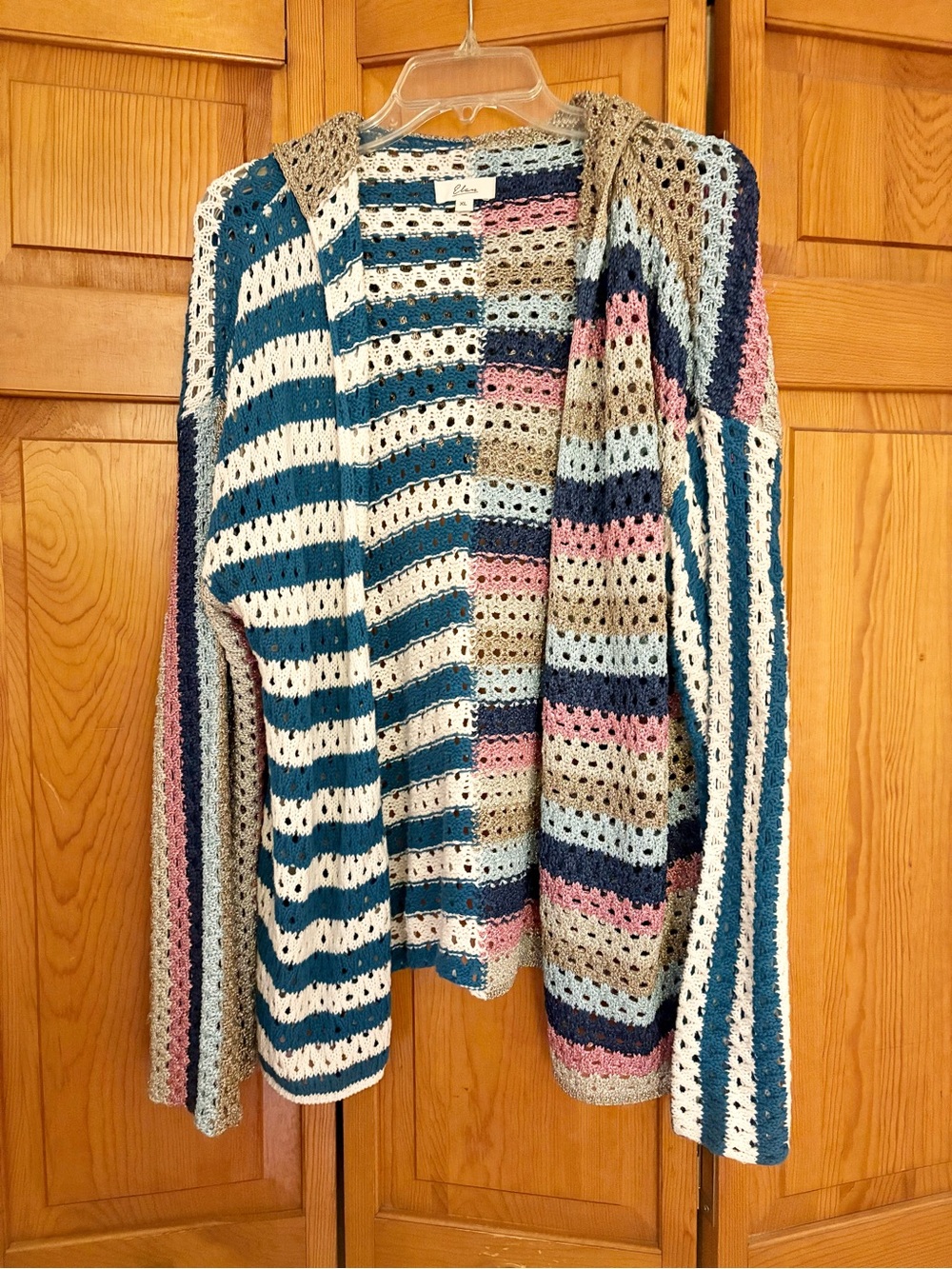 Elan Striped Openwork Crochet Cardigan in Teal, Pink, Cream, Navy